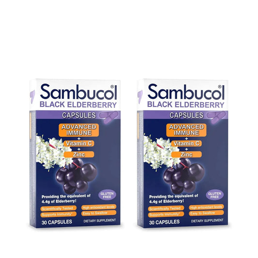 Sambucol Black Elderberry Capsules - Advanced Immune, Vitamin C and Zinc, Elderberry Capsules, Immune Support, Black Elderberry Supplements, Gluten Free, Easy to Swallow Capsules - 30 Count, 2-Pack