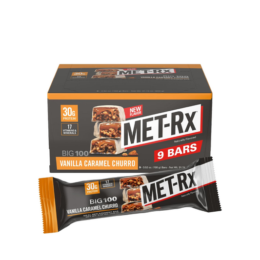 MET-Rx Big 100 Colossal Protein Bars, Vanilla Caramel Churro Meal Replacement Bars, Brown, 9 Count