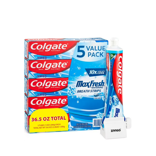 Max Fresh Toothpaste with Mini Breath Strips, Cool Mint - 3 Large Tubes of 7.3 oz (Total 21.9 oz) Fights Cavities, Whitens Teeth, Long-Lasting Freshness Bonus Idea Shop USA Toothpaste Squeezer